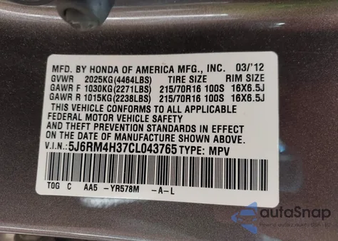 2012 Honda Cr-V Lx from USA, damaged, VIN 5J6RM4H37CL043765
